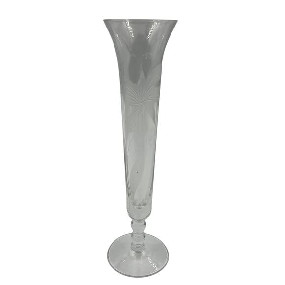 Vintage Crystal Clear Glass Skinny Tall Floral Etched Decorative Vase Footed - Picture 5 of 7